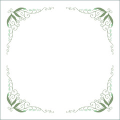 Green floral frame with blue flowers, bluebells decorative corners for greeting cards, banners, business cards, invitations, menus. Isolated vector illustration.	