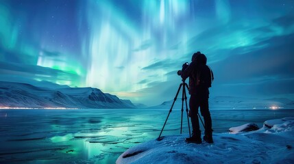 A photographer capturing the wonder of a natural phenomenon like a rainbow or aurora borealis.  - Powered by Adobe