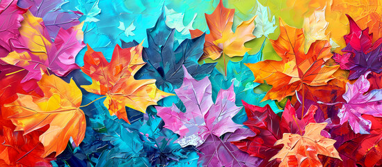 Design background with colorful maple leaves. Oil painting panorama. Concept of Autumn.