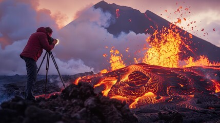 A photographer capturing the power of a volcanic eruption with lava flows. 