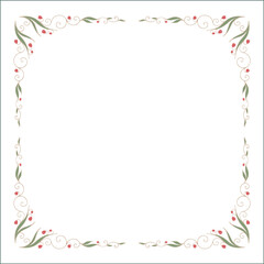 Green floral frame with red flowers, decorative corners for greeting cards, banners, business cards, invitations, menus. Isolated vector illustration.	