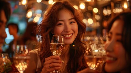 A photo of a beautiful young woman with long brown hair smiling and holding a glass of wine.