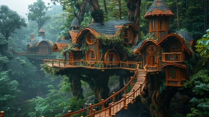 A photo of a treehouse in a forest setting