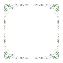 Green floral frame with blue flowers, bluebells decorative corners for greeting cards, banners, business cards, invitations, menus. Isolated vector illustration.	