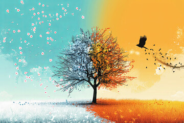 Climate change illustration with field and tree in center. Concept of environment warming