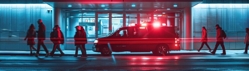 A highenergy scene at an emergency room entrance, where medical professionals urgently respond to incoming patients from an ambulance under flashing red lights, highlighting the critical and immediate - obrazy, fototapety, plakaty