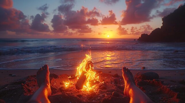A bonfire burns on a beach at sunset.
