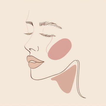 logo, simple line art of woman face in pastel peach color, minimalistic, white background, abstract shapes as eyes and lips, pink dots around her head