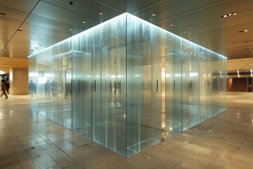 A public space designed with clear, ultradurable glass partitions that are nearly invisible, causing people to pause and touch them in disbelief - obrazy, fototapety, plakaty