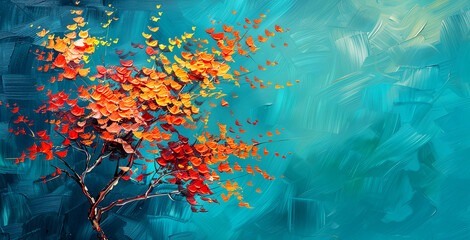 Tree with red leaves on blue background. Oil painting Asian banner. - obrazy, fototapety, plakaty