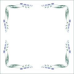 Green floral frame with blue flowers, bluebells decorative corners for greeting cards, banners, business cards, invitations, menus. Isolated vector illustration.	