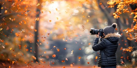 A photographer capturing the beauty of a colorful autumn forest with falling leaves. 