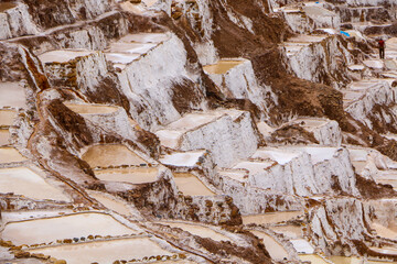 Salt evaporation ponds in Maras salt mines in Cusco city the Sacred Valley, Peru