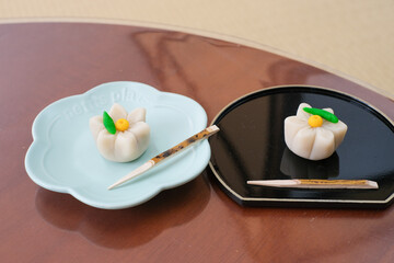 皿に乗った二つの和菓子　水仙　上生菓子

