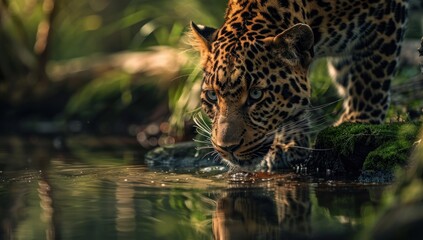Beautiful leopard in nature, A leopard is drinking water by the river, With Beautiful blur Background Nature
