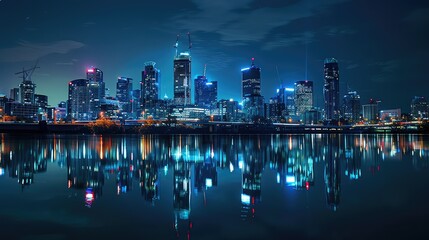 A city skyline at night with camera flashes illuminating the scene, representing urban photography. 