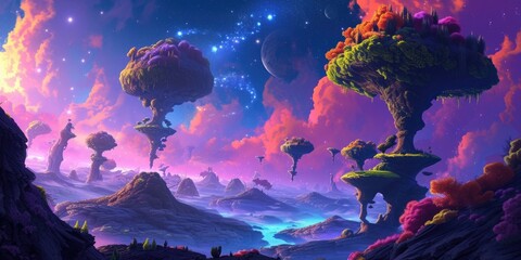 Obraz na płótnie Canvas Vibrant floating islands with lush, colorful trees defy gravity in an otherworldly cosmic space, creating a scene from a fantastical dream. Resplendent.