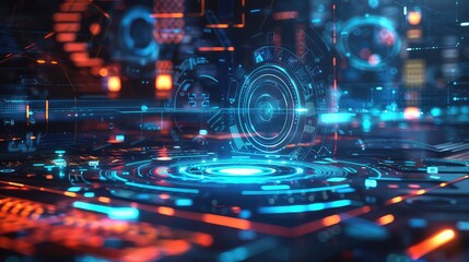 A futuristic background with holographic camera projections and futuristic elements. 