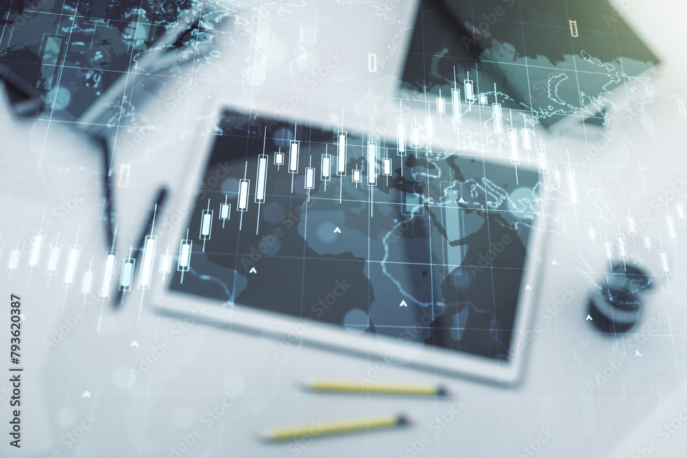 Poster multi exposure of abstract creative financial chart with world map and digital tablet on background,