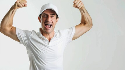 Naklejka premium A sports coach in team apparel, giving a motivational speech, exuding energy and leadership, against a clean white background, styled as a sports coaching seminar.