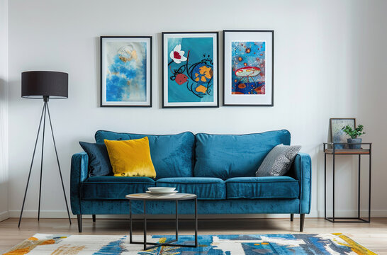 Minimalist blue living room with a sofa, side table and lamp on a white wall with framed pictures above the couch
