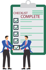 Checklist check, Quality control and inspection, Questionnaire survey, Complete business task progress mark, Concept of management with check mark, Isometric businessman holding check mark to complete