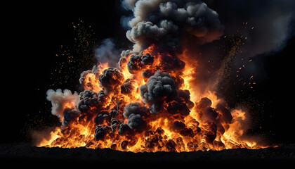 explosion of fire and smoke isolated on black background	

