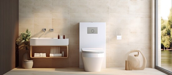 Fototapeta na wymiar A bathroom in a house with a toilet, sink, and window