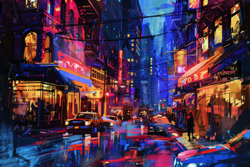 Artist's Impression of a Bustling City Street at Night in Vivid Colors
