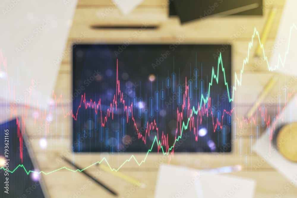 Poster multi exposure of abstract financial graph and modern digital tablet on desktop on background, top v