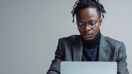 A tech entrepreneur in a turtleneck and blazer, typing on a laptop, looking intrigued and focused, against a clean grey background, styled as a tech innovator. - Powered by Adobe