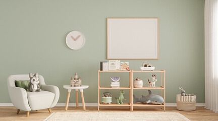 Interior of childroom in pastel colors in modern minimalist style. Copy space. Template, 3d rendering 
