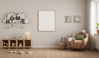 Interior of childroom in pastel colors in modern minimalist style. Copy space. Template, 3d rendering 
