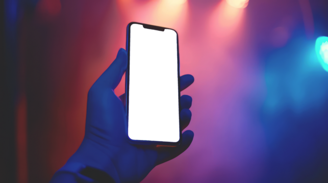 A hand holding an Smartphone with transparent screen, blurred background, closeup shot of the phone.