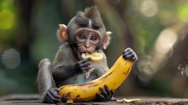 A little monkey is sitting and eating banana