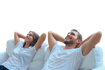 Relaxed young couple resting and dreaming about new home on comfortable sofa together at home on a transparent background