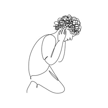 recommend clip art: Continuous line art of a man kneeling and hands over ears with stress and anxiety in PTSD concept, editable stroke.