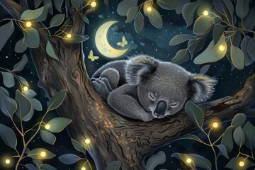 Adorable illustration of a baby koala snuggled up in a eucalyptus tree, surrounded by fireflies and a crescent moon