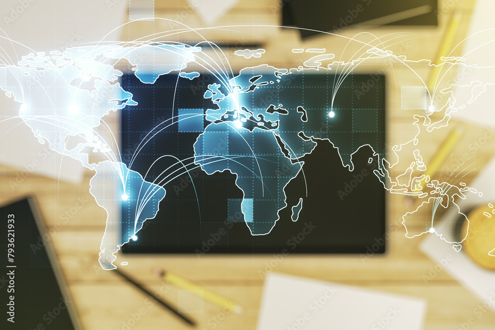 Poster abstract graphic digital world map with connections and modern digital tablet on desktop on backgrou