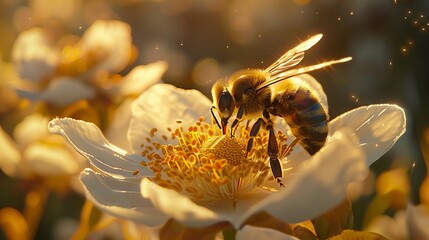 A bee pollinating a flower in a field of flowers - obrazy, fototapety, plakaty