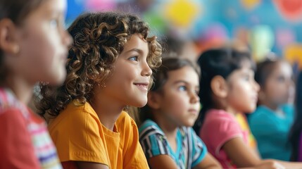 A side view of children attending a Childrenâ€™s Day workshop or educational activity, with room for event information. 