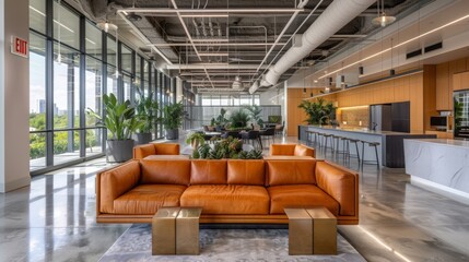 Modern Office Lounge with Natural Light and Greenery