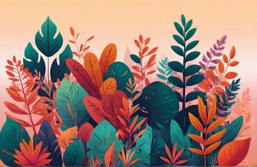 Fototapeta premium Vector illustration in trendy flat style and bright vibrant gradient colors - background with copy space for text - plants, leaves, trees