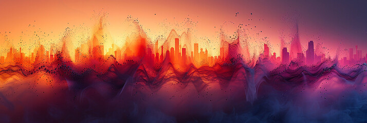 Wide panoramic colourful background with burning effect, abstract cityscape in bright reddish background 