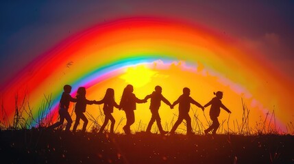 An action shot of people holding hands under a rainbow, promoting love and equality. 