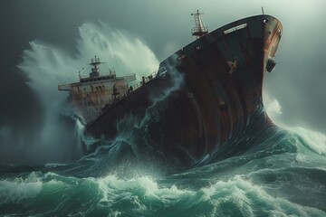 A large rusty ship is being tossed around in a stormy sea. - obrazy, fototapety, plakaty