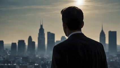 Fototapeta na wymiar A suited man's silhouette gazing at a skyline of buildings Generative AI