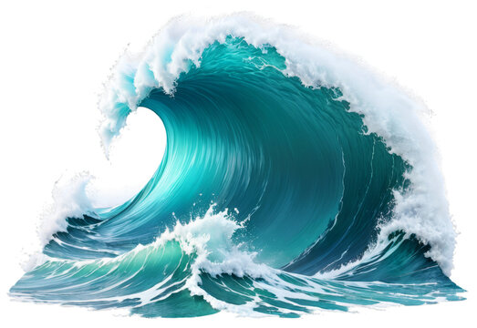 Tidal tsunami wave, sea foam, teal stormy ocean wave. Png isolated clipart,  photorealistic illustration on transparent background