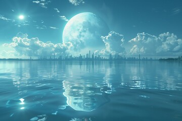 The full moon rises over a futuristic city on the edge of a large body of water.