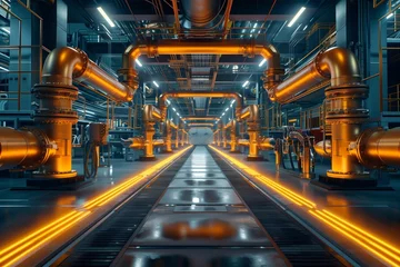 Foto op Aluminium The interior of a futuristic industrial building with glowing orange pipes and a long central walkway © 1000lnw
